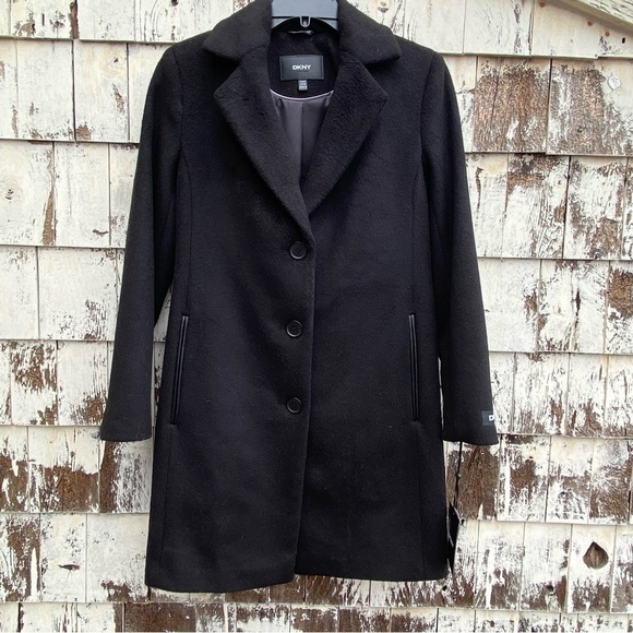DKNY Petite Wool Blend Black Pea Coat - Picture 4 of 7